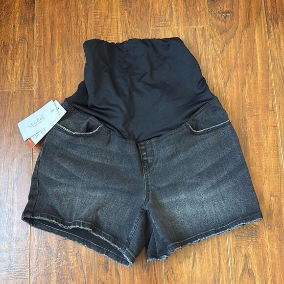 NWT Isabel Maternity Size 14 Midi Short Denim Black Jean Shorts Crossover Panel - Picture 2 of 6